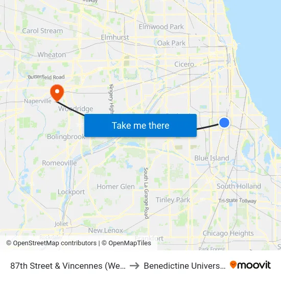 87th Street & Vincennes (West) to Benedictine University map