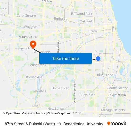 87th Street & Pulaski (West) to Benedictine University map