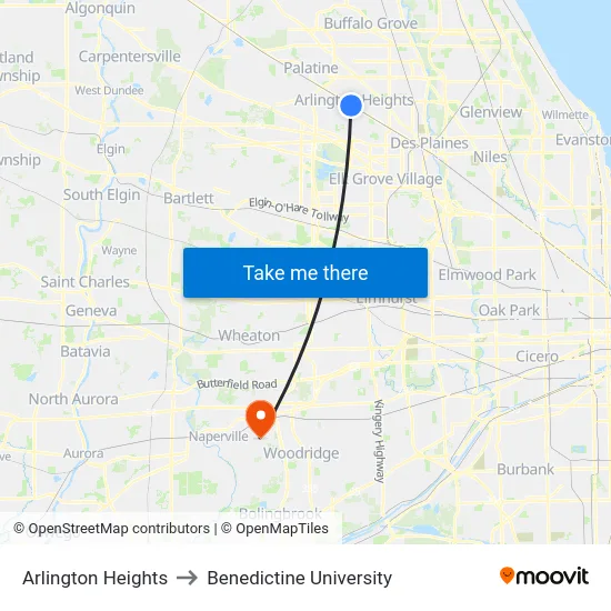 Arlington Heights to Benedictine University map