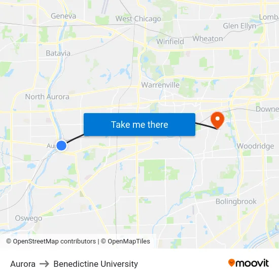 Aurora to Benedictine University map