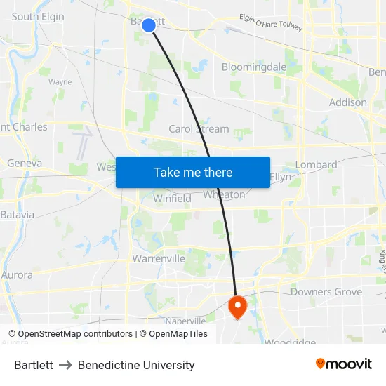 Bartlett to Benedictine University map
