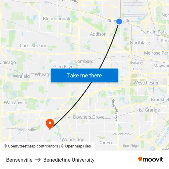 Bensenville to Benedictine University map
