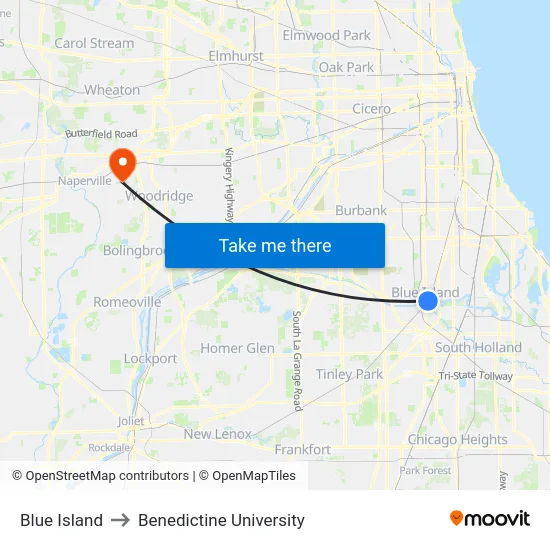 Blue Island to Benedictine University map