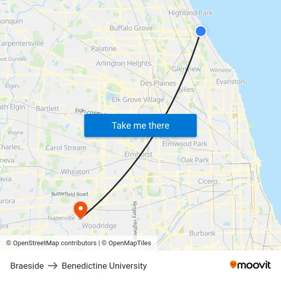 Braeside to Benedictine University map