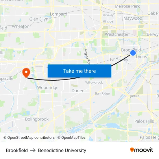 Brookfield to Benedictine University map