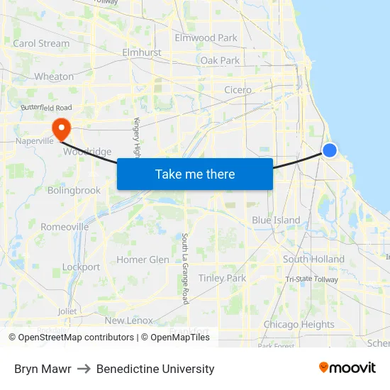 Bryn Mawr to Benedictine University map