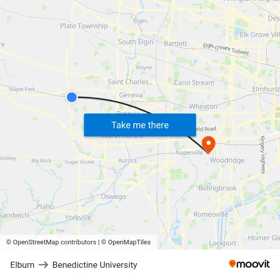 Elburn to Benedictine University map