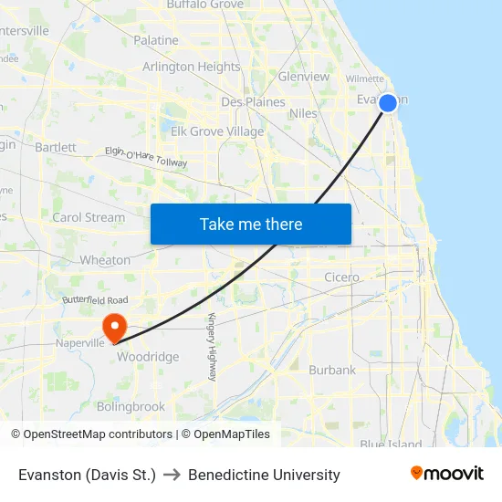 Evanston (Davis St.) to Benedictine University map