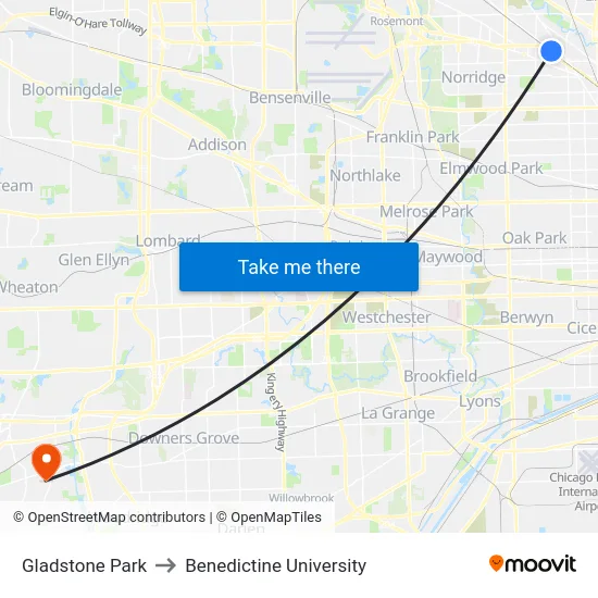 Gladstone Park to Benedictine University map