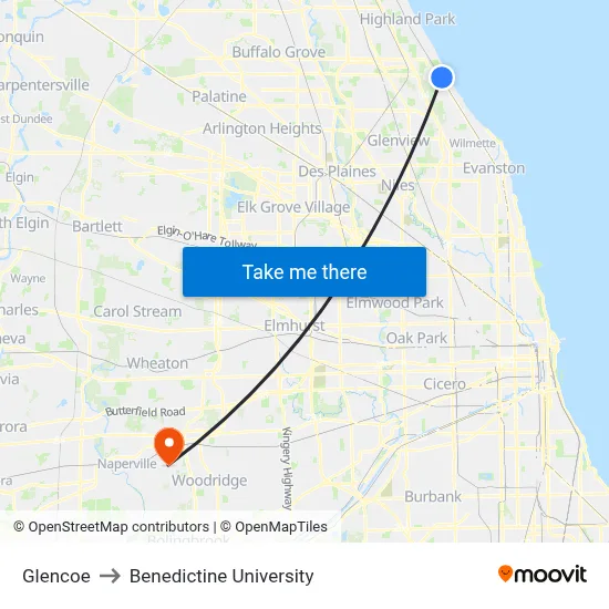 Glencoe to Benedictine University map