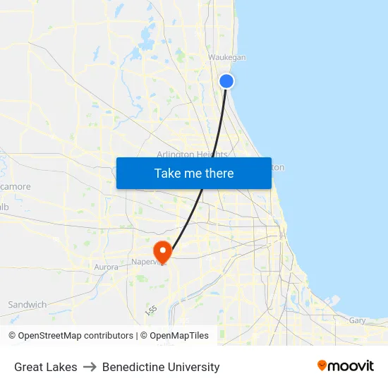 Great Lakes to Benedictine University map