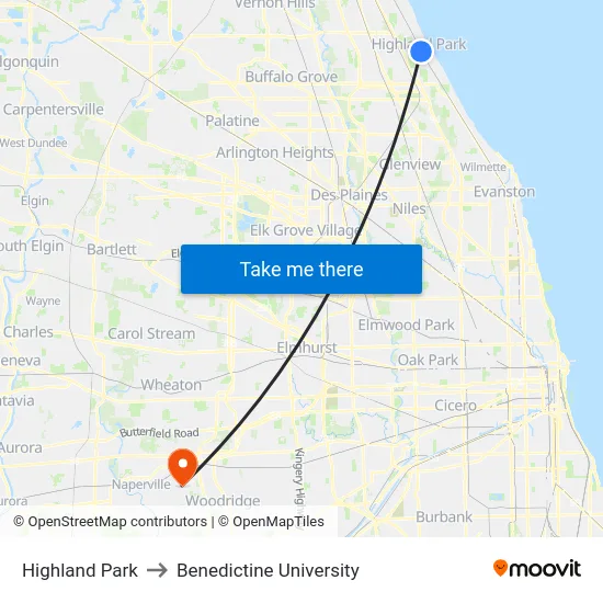 Highland Park to Benedictine University map