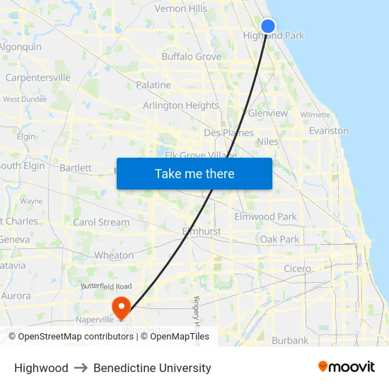 Highwood to Benedictine University map