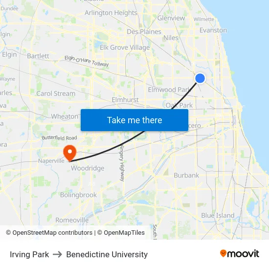 Irving Park to Benedictine University map