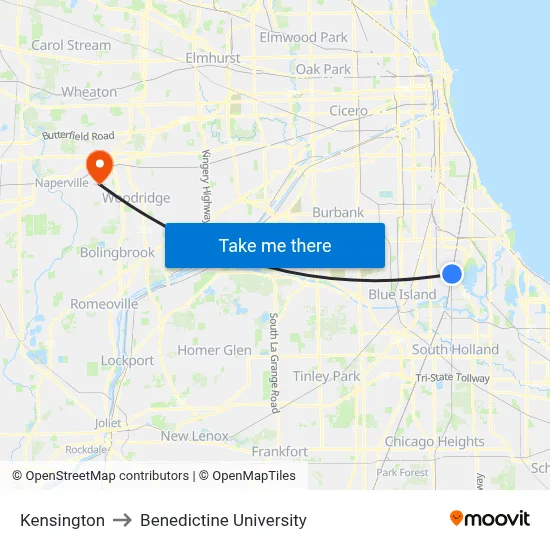 Kensington to Benedictine University map