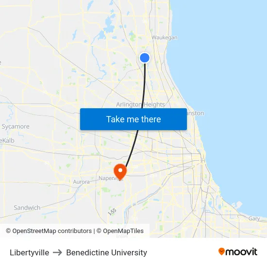 Libertyville to Benedictine University map