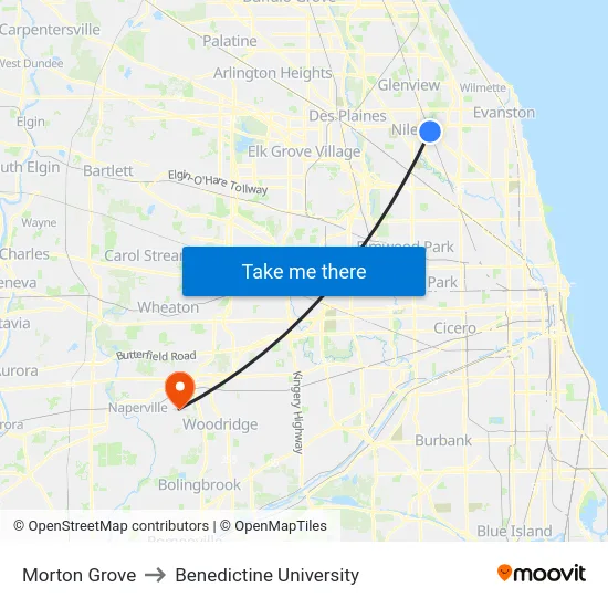 Morton Grove to Benedictine University map