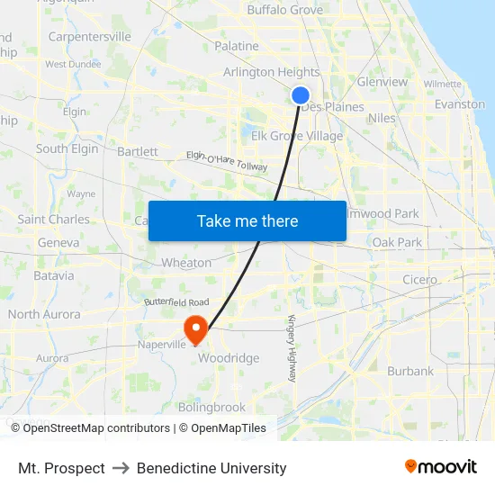 Mt. Prospect to Benedictine University map