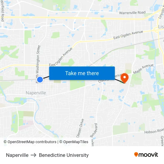Naperville to Benedictine University map