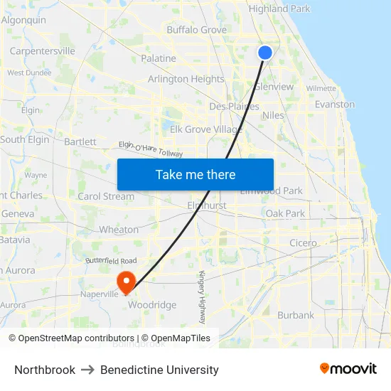Northbrook to Benedictine University map