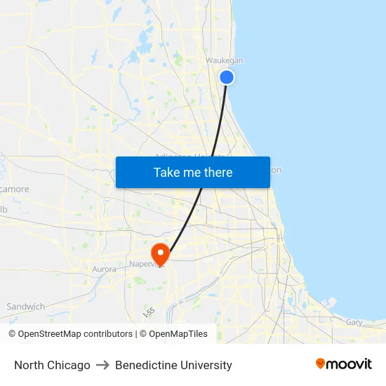 North Chicago to Benedictine University map