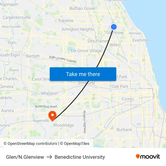 Glen/N.Glenview to Benedictine University map