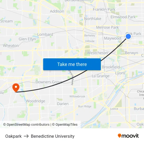 Oakpark to Benedictine University map