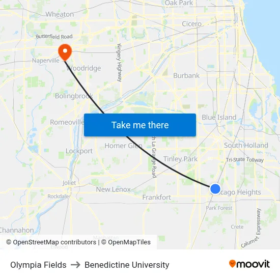 Olympia Fields to Benedictine University map