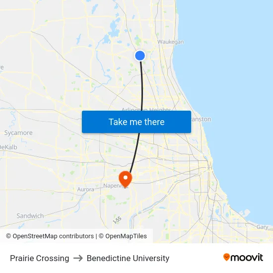 Prairie Crossing to Benedictine University map