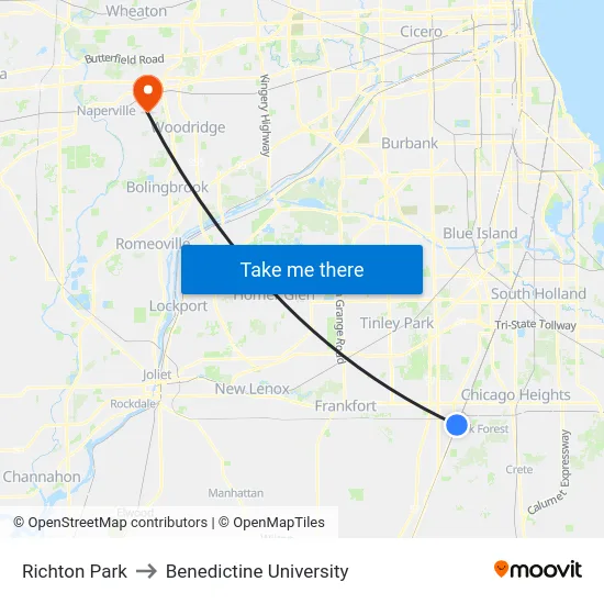 Richton Park to Benedictine University map