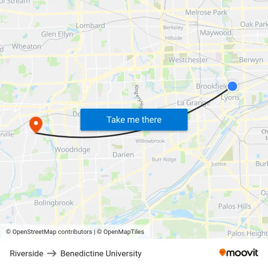 Riverside to Benedictine University map