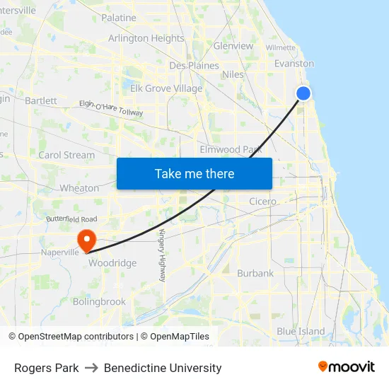Rogers Park to Benedictine University map