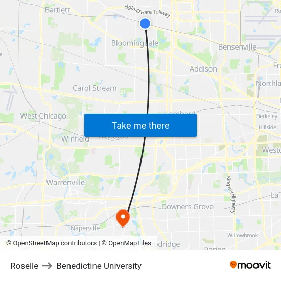 Roselle to Benedictine University map