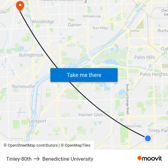Tinley-80th to Benedictine University map