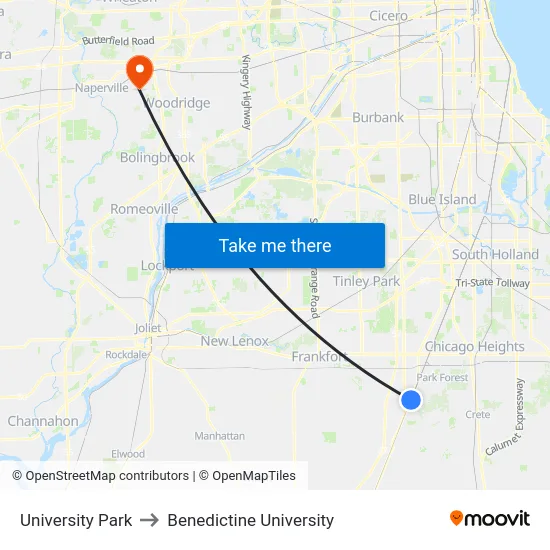 University Park to Benedictine University map