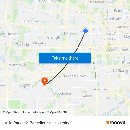Villa Park to Benedictine University map