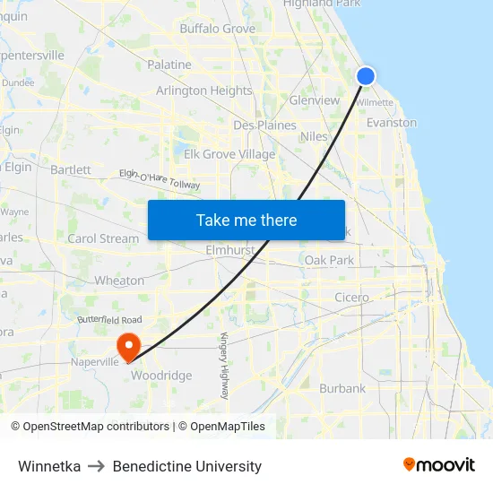 Winnetka to Benedictine University map