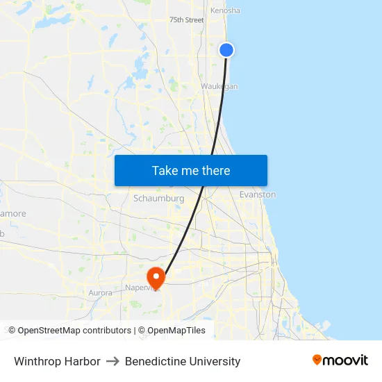 Winthrop Harbor to Benedictine University map