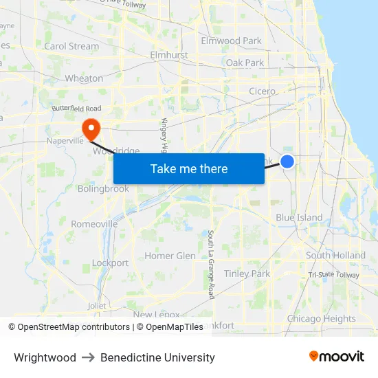 Wrightwood to Benedictine University map