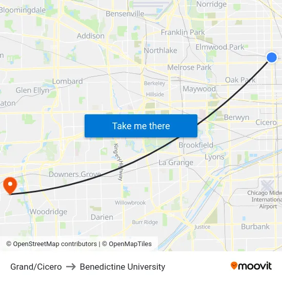 Grand/Cicero to Benedictine University map