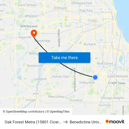 Oak Forest Metra (15801 Cicero Ave) to Benedictine University map