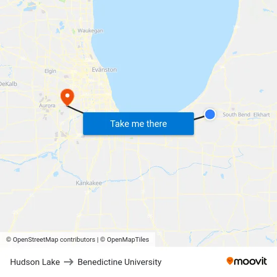 Hudson Lake to Benedictine University map