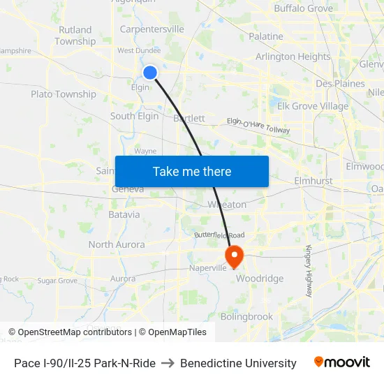 Pace I-90/Il-25 Park-N-Ride to Benedictine University map