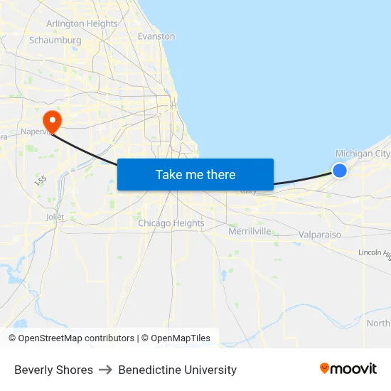Beverly Shores to Benedictine University map