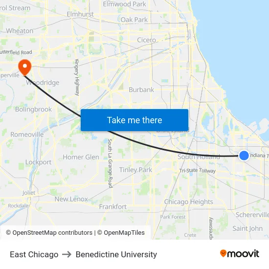 East Chicago to Benedictine University map