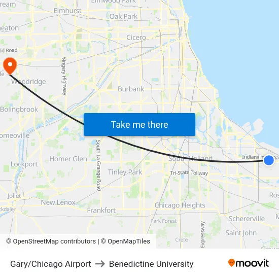 Gary/Chicago Airport to Benedictine University map