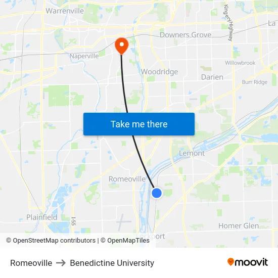 Romeoville to Benedictine University map