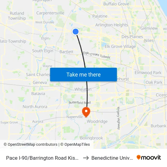 Pace I-90/Barrington Road Kiss-N-Ride to Benedictine University map