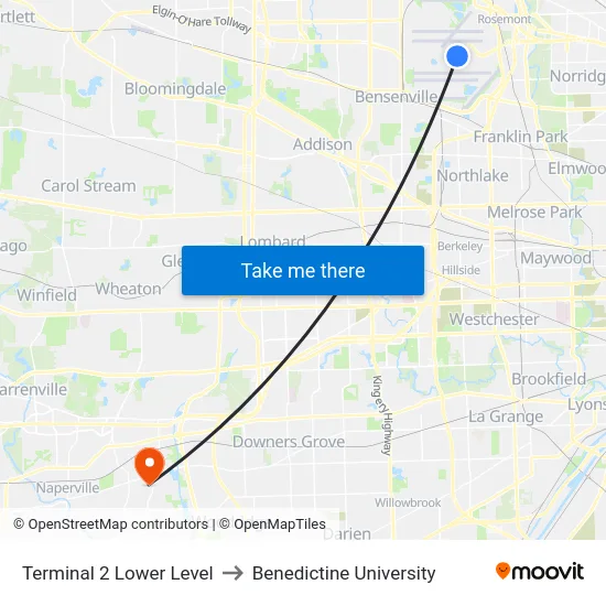 Terminal 2 Lower Level to Benedictine University map