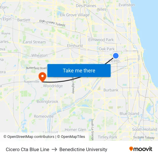 Cicero Cta Blue Line to Benedictine University map